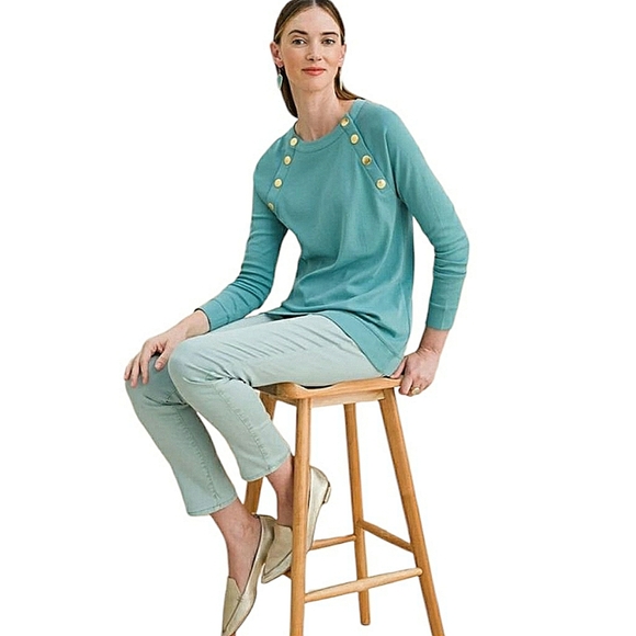 Chico's Teal Tunic Sweatshirt Prima Cotton Scoop Neck Gold Button Trim Size 2X - Picture 11 of 12